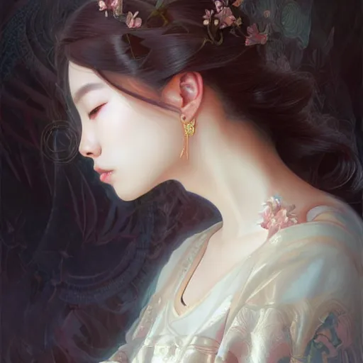 Prompt: portrait of beautiful korean girl, face, fantasy, intricate, elegant, highly detailed, digital painting, artstation, concept art, smooth, sharp focus, illustration, art by artgerm and greg rutkowski and alphonse mucha