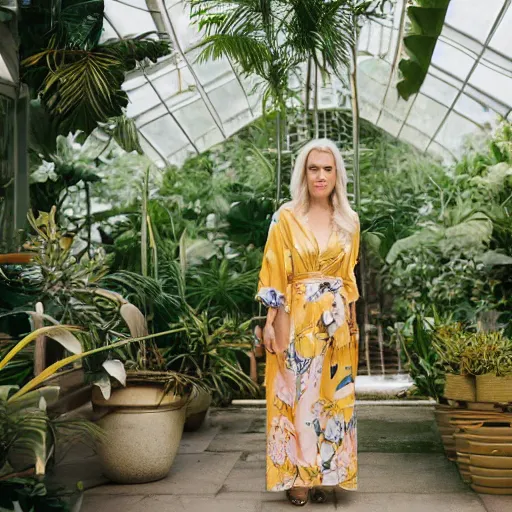 Image similar to head to waist medium format portrait photograph of an elegant blond woman wearing a yellow kimono in a tropical greenhouse. looking at the camera!!. super resolution. 85 mm f1.8 lens.bokeh.graflex. Alessio albi