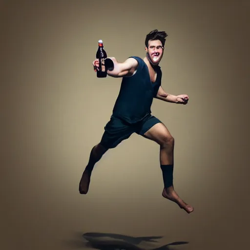 Prompt: an epic portrait of a man jumping in the while holding a bottle, highly detailed, high quality, digital art, five fingers, anatomically correct, dramatic lighting, studio quality