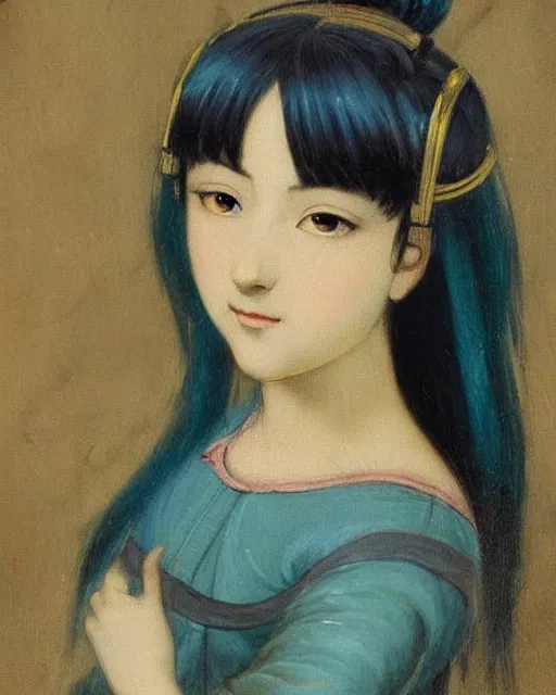 Prompt: 19th century painting, classical painting, romantic painting of hatsune miku, blue hair