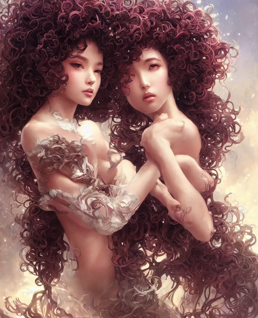 Prompt: ultra realistic beautiful fantasy art, beautiful alluring anime woman, afro big curls, gorgeous face and figure, sci - fi, fantasy, intricate, elegant, highly detailed, digital painting, artstation, concept art, smooth, sharp focus, illustration, art by tian zi and yuxiang chen and alphonse mucha and greg rutkowski