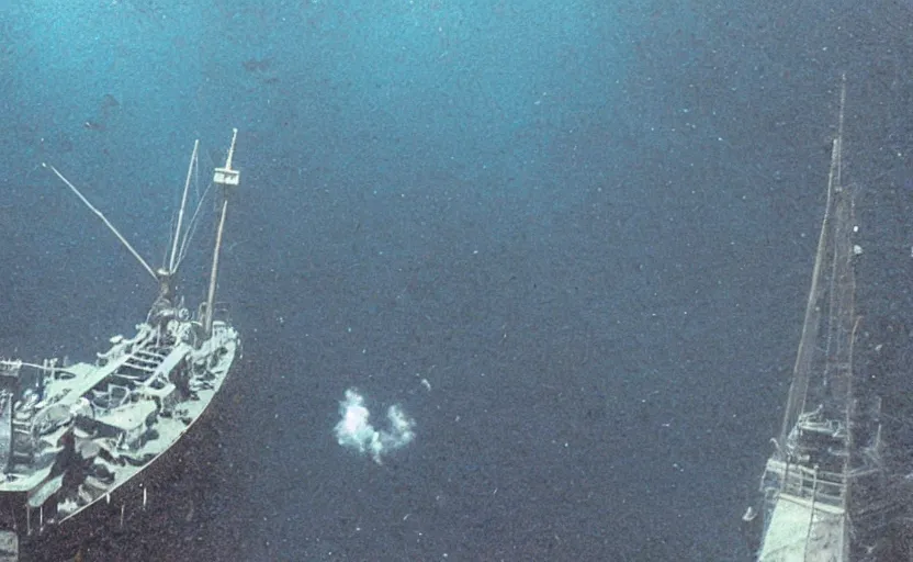 Image similar to cthuhlu at the bottom of the ocean looking up at a small steam ship