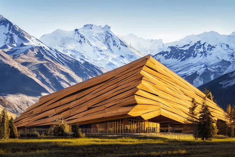 Prompt: architecture photo modern wooden fachwerk giant opera building settlement with Elbrus mountain on the background, architecture, photorealism 8k , shining and happy atmosphere, uplight, high details