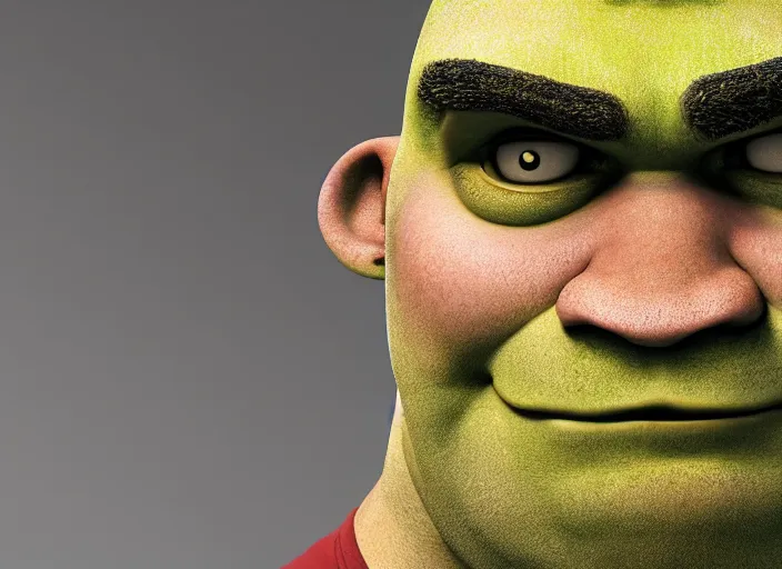 Image similar to portrait photo still of real life shrek, 8 k, 8 5 mm, f. 1 4