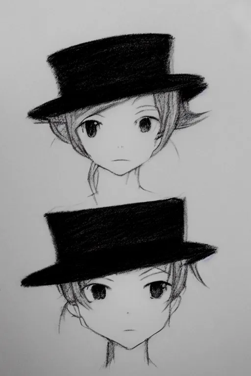 Prompt: cute loli in a tall black top hat, face profile, pencil sketch, gray scale, mysterious, anime style