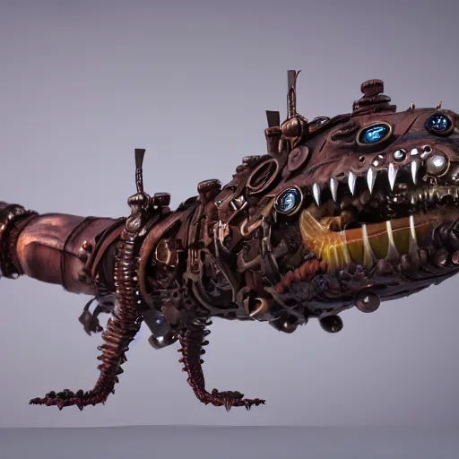 Image similar to 2d game art side view of mechanical steampunk worm with teeth, full body view, game character design, articulated joints, detailed, blank background, 8k, octane render, unreal engine, trending on artstation