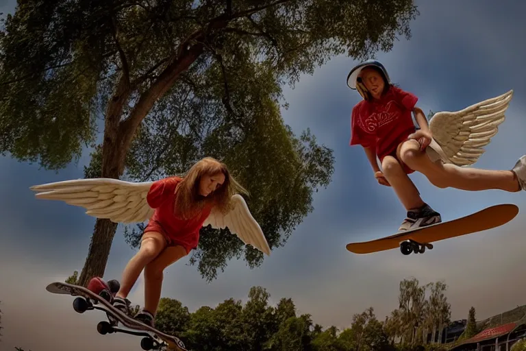 Prompt: angels skateboarding in heaven, 4 k hdr, high resolution, smooth, sharp focus, award - winning photo