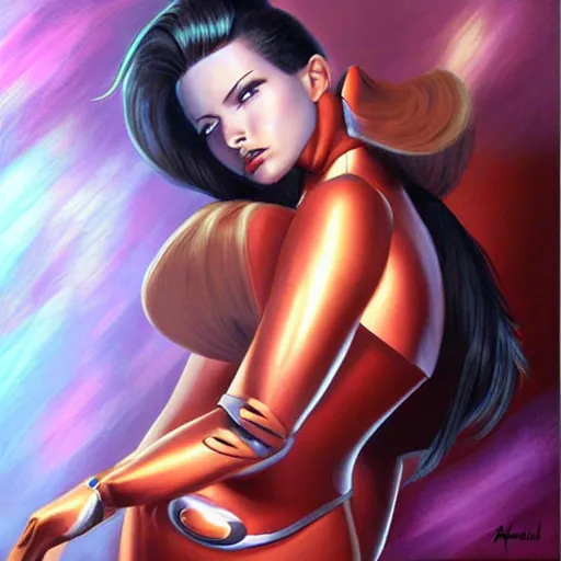 Prompt: retrofuturistic female android, painting by artgerm julie bell