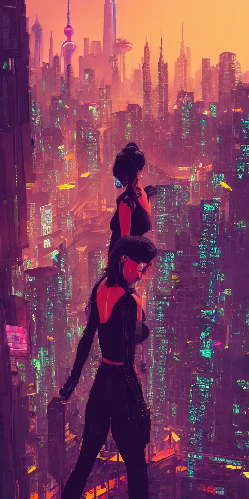 Image similar to cyberpunk girl on a roof, looking up at cityscape of vertical cyberpunk city with high towers, shanghai, by Alena Aenami and blade runner and akira, trending on Artstation,