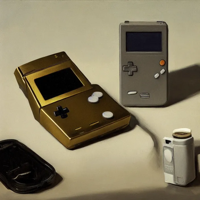 Image similar to still life painting of a gameboy by pieter claesz, oil on canvas, strong lighting, highly detailed, hyper realism, golden hour, god rays, hd, 4 k