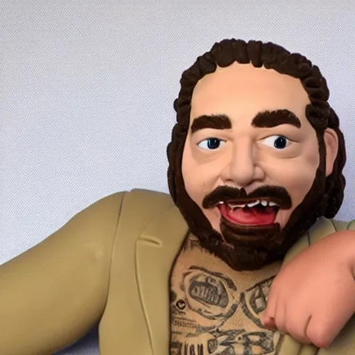 Image similar to post malone, made of clay, as a claymation character