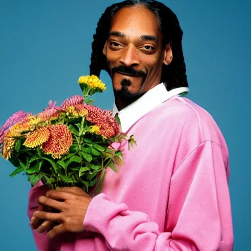 Image similar to Snoop Dogg smiling while holding a Vase of flowers for a 1990s sitcom tv show, Studio Photograph, portrait, happy C 12.0