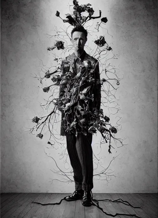 Prompt: a portrait of woody guthrie by erwin olaf and nekro borja, photorealistic, intricate details, hyper realistic, dark fantasy, rococo onyx headpiece, crystals, photorealistic, canon r 3, photography, symmetrical features, symmetrical pose, wide angle shot, head to toe, standing pose, feet on the ground