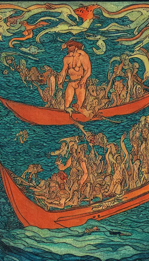 Image similar to man on boat crossing a body of water in hell with creatures in the water, sea of souls, by ivan bilibin,