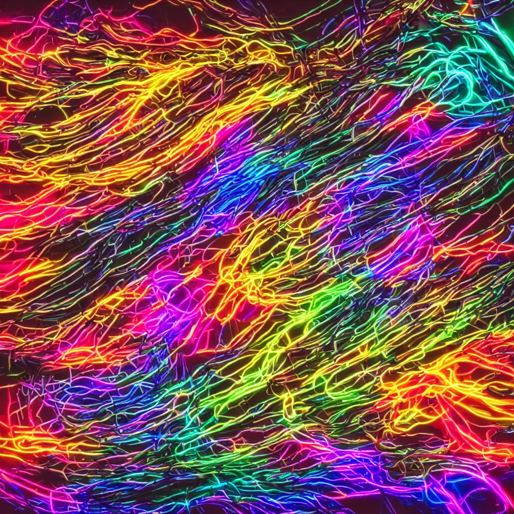 Image similar to mess of colorful cables, graphic art, cinematic lightning, neon lights