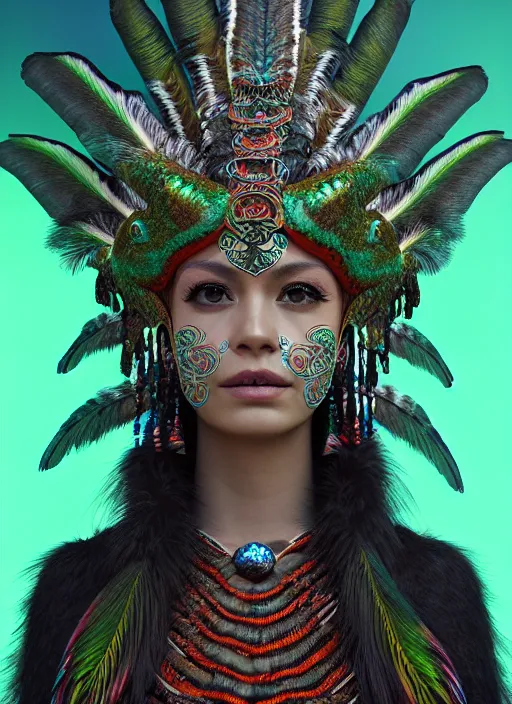 Image similar to 3 d mexican goddess medium shot portrait. beautiful intricate highly detailed quetzalcoatl helm and feathers. low - key lighting, bioluminescent, plasma, lava, ice, water, wind, stingray, magpie, creature, artwork by tooth wu and wlop and and annie leibovitz, 8 k trending on artstation,