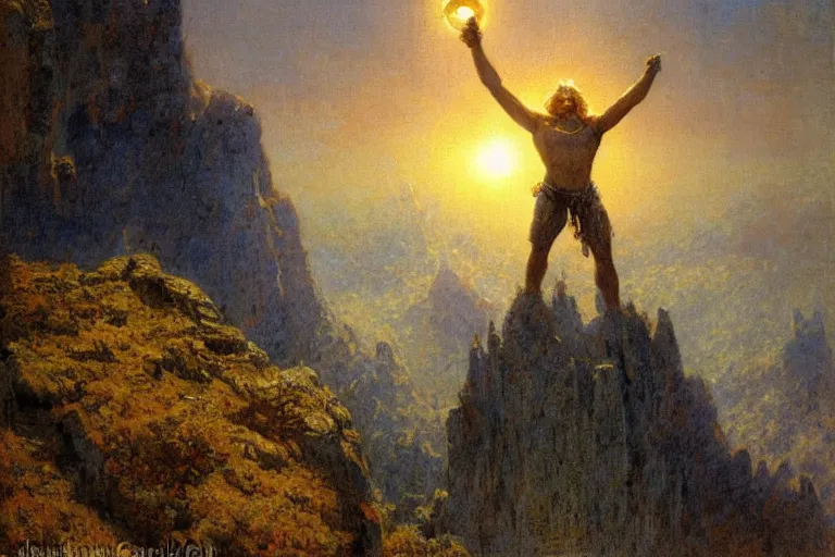 Image similar to illustration of a mythical hero standing at the top of a mountain lifting the sun over his head, holding it up to shine over the world. art by gaston bussiere.
