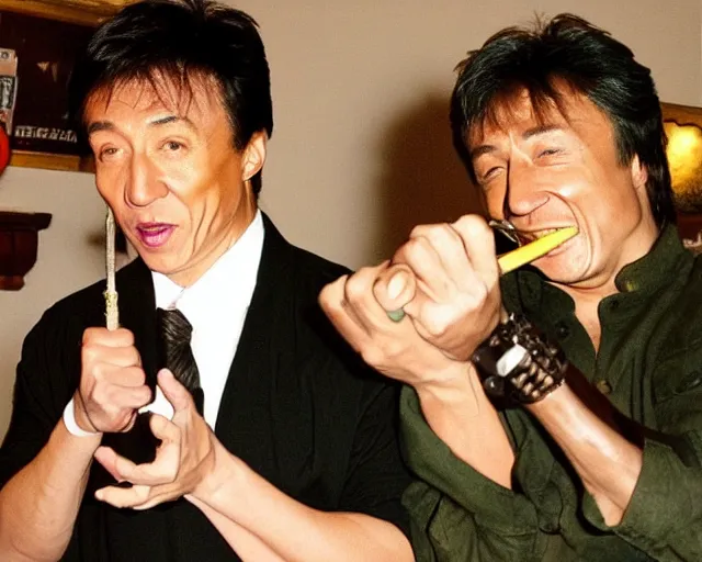 Image similar to Kayne West and Jackie Chan smoking one giant two foot joint, By Rainer Hosch