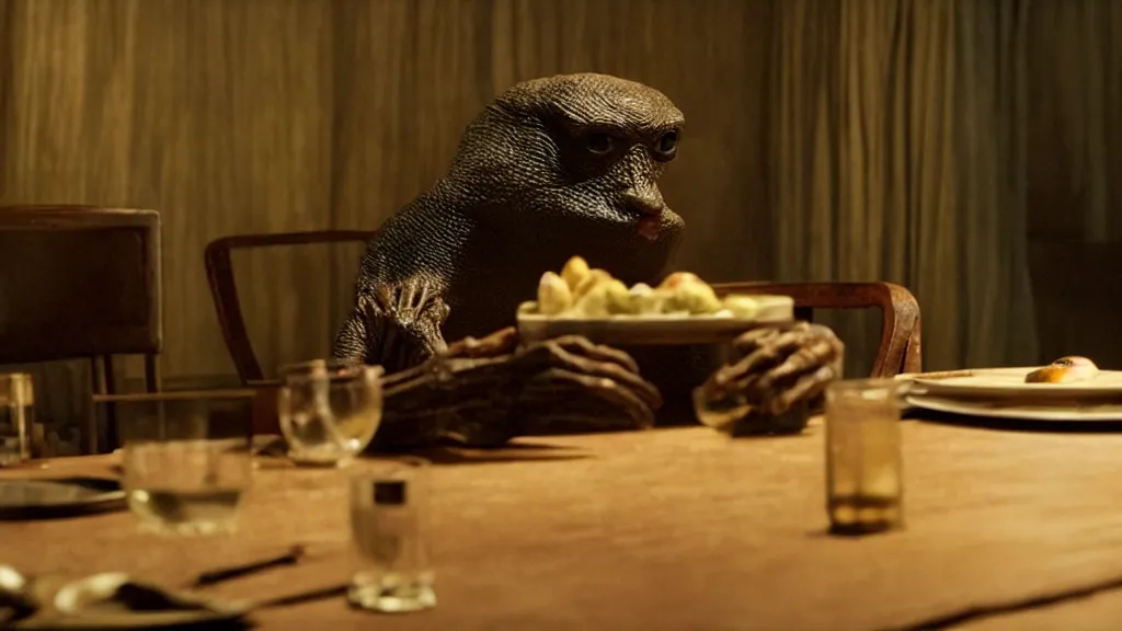 Prompt: a strange creature sits at a table, film still from the movie directed by Denis Villeneuve with art direction by Richard Corben wide lens