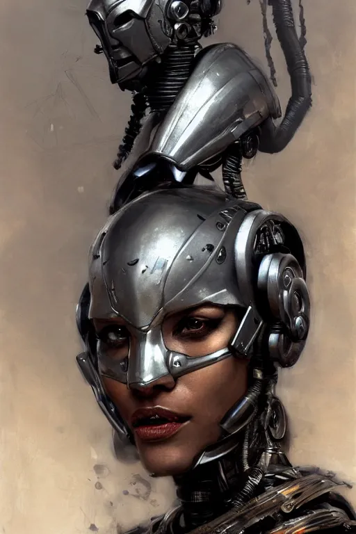 Image similar to extreme close up, facial portrait, half - cyborg woman with a long black ponytail in gunmetal grey sci - fi armor, wearing an african mask, mechanical armor, cybernetic hands, striking pose, portrait dnd, painting by gaston bussiere, craig mullins, greg rutkowski, yoji shinkawa