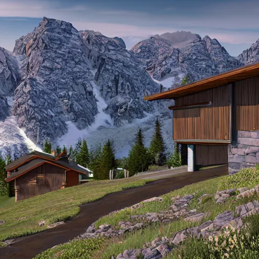 Image similar to montana alpine landscape with windy road and modern homes designed by charles haertling scattered on the mountainsides, photo realism, dramatic lighting, from a dream, high quality digital art, unreal engine