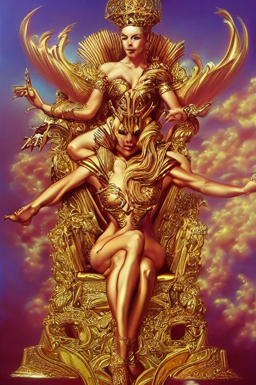 Prompt: airbrush painting of an amazing golden queen seated over a fantasy throne, by hajime sorayama and boris vallejo, realistic, hyperdetailed, centered, magic, trending on artstation,