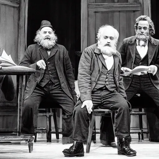 Prompt: a still from a broadway musical about karl marx produced by lin manuel miranda, journalistic photography