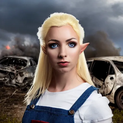 Image similar to close up headshot of a skinny female high-fantasy elf with a long face narrow chin and short spiky blonde hair wearing dark brown overalls and holding a bomb next to a destroyed car, gel spiked blond hair, small ears, narrow lips, high resolution film still, HDR color