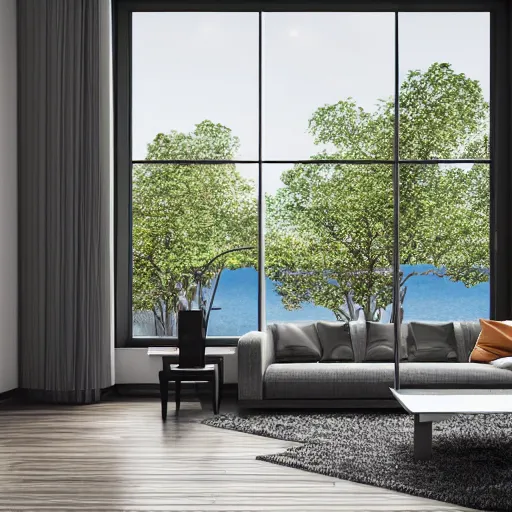 Prompt: modern contemporary interior home design, living room with window facing the sea and sun, photorealistic, ultra - detailed, 4 k high resolution, hdr shot, unreal engine rendering