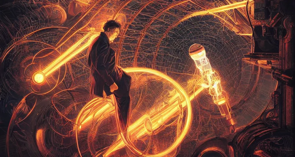 Prompt: nikolai tesla is surrounded by bolts of electricity as he holds a vacuum tube, digital art, intricate, dramatic lighting, neon colors, cinematic, holographic runes, art by artgerm, greg rutkowski, norman rockwell