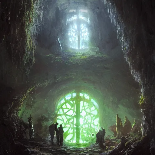 Prompt: a scary portal glowing green portal to another world in darwin's arch in the galapagos islands, d & d, fantasy, intricate, elegant, highly detailed, digital painting, artstation, concept art, matte, sharp focus, illustration, art by greg rutkowski and rembrandt