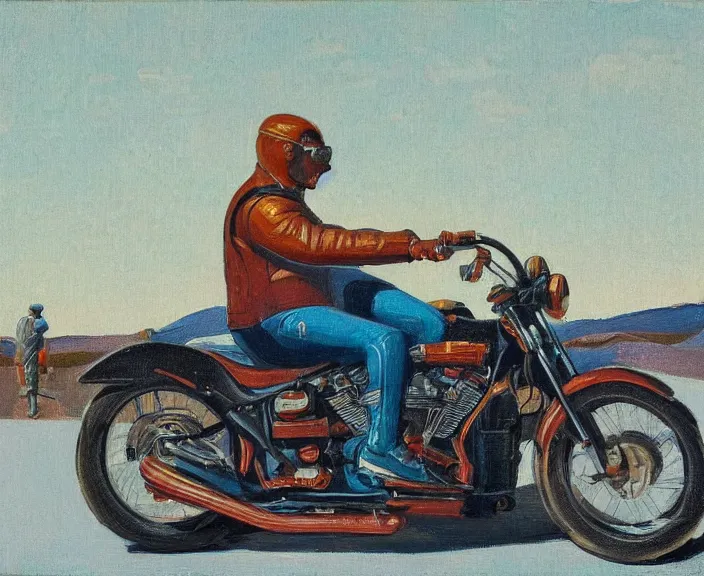 Prompt: a very detailed painting of a man wearing a leather jacket, riding a motorbike, harley davidson motorbike, front view, very fine brush strokes, in the style of edward hopper and grant wood and syd mead, 4 k,