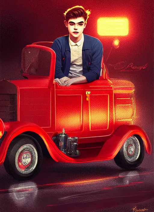 Image similar to teenage archie andrews, in a red ford model t, intricate, elegant, glowing lights, highly detailed, digital painting, artstation, sharp focus, illustration, art by wlop, mars ravelo and greg rutkowski