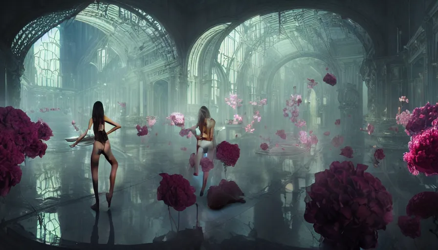 Image similar to victoria secret runway show, light, shadows, reflections, flowers, epic composition, intricate, elegant, volumetric lighting, digital painting, highly detailed, artstation, sharp focus, illustration, concept art, ruan jia, steve mccurry, artgerm and mina petrovic and timothy kong and marina federovna