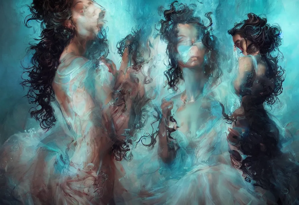 Prompt: full body portrait of a trio of 1 9 years old girl figures, curly messy high bun hairstyle, oriental tattoos, jewelry, subject wearing a high fashion gown, flowing, beautiful, dramatic, cinematic lighting, highly detailed, few vivid turquoise highlights, by ross tran and jeremy mann, artstation, pixiv