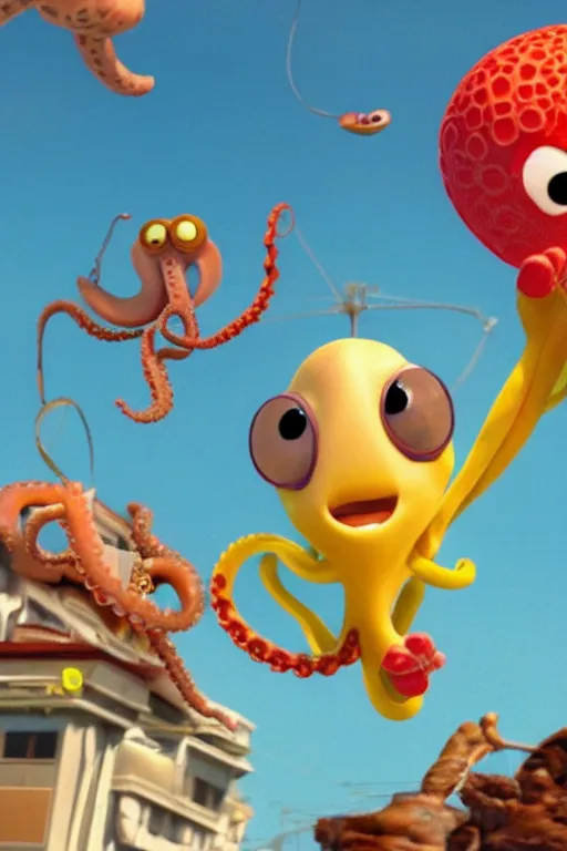 Image similar to Excited octopus jumping from the plane on parachute. Pixar Disney render 3d animation movie Oscar winning