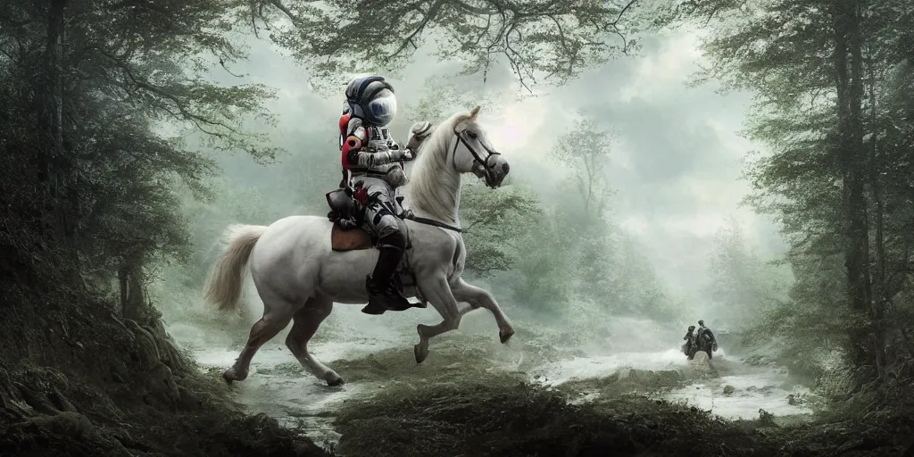 Prompt: an astronaut riding on the back of a white horse through a forest, crossing a river on a bridge, a detailed matte painting by frieke janssens, featured on cgsociety, fantasy art, matte painting, reimagined by industrial light and magic, matte drawing