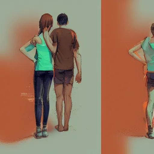 Image similar to man in orange t - shirt hugging from behind girl, vivid colors, character sheet, fine details, concept design, contrast, kim jung gi, greg rutkowski, trending on artstation, 8 k, full body, turnaround, front view, back view, ultra wide angle