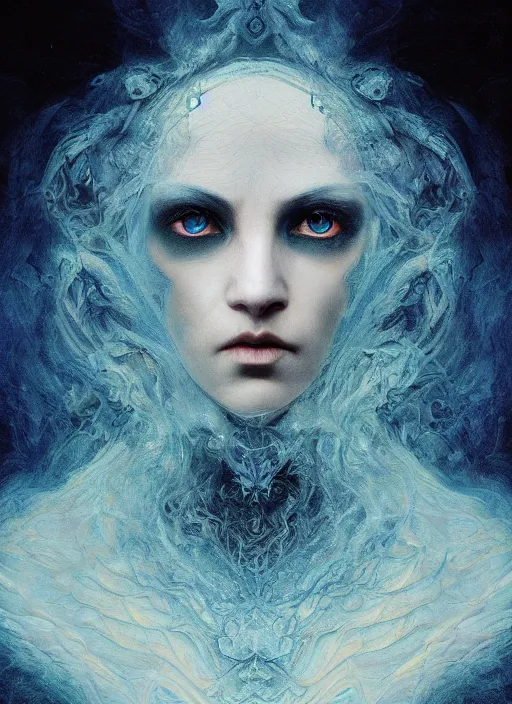 Image similar to Her huge ominous glowing blue eyes staring into my soul , perfect eyes, realistic face, intricate stunning highly detailed, agostino arrivabene, WLOP, twisted dark lucid dream, 8k portrait render, raven wings, swirling thick smoke , beautiful lighting, dark fantasy art, cgsociety