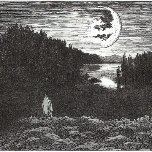 Image similar to wanderer at a lake, forest, dark clouds, moon, nightsky, moonrays, shadows, high detail, gorgeous view, depth, illustration by Gustav Doré