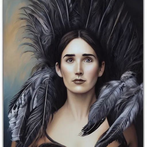 Prompt: detailed realistic oil painting youthful young jennifer connelly with black feathers instead of hair, dark fae, black lips, gray mottled skin, feathers growing out of skin, feathers growing from arms, black hands with long black claws, pale and sickly, profile view, gothic