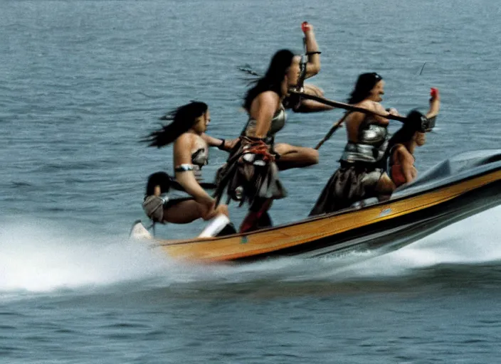 Image similar to photo of viking women in speed boats hunting, hyper realism, fujifilm velvia 5 0