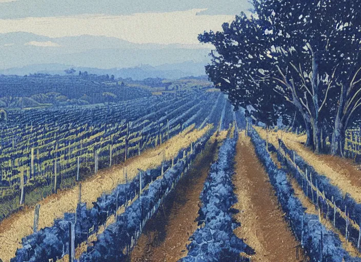 Image similar to blue woodcut vineyard landscape by greg rutkowski, fine details, highly detailed