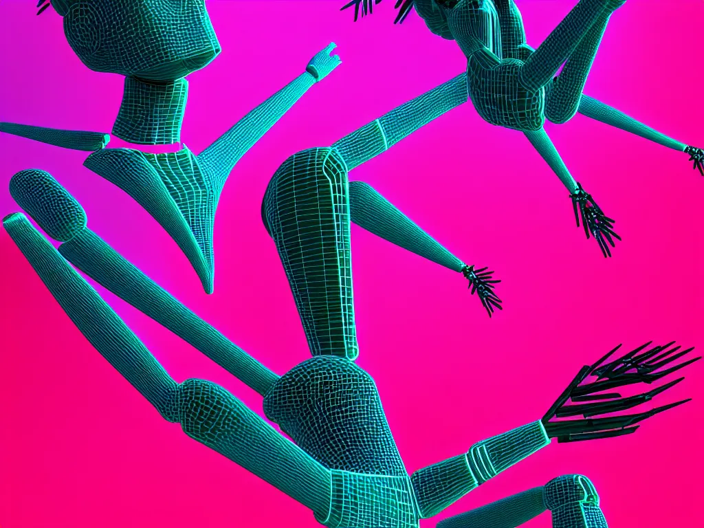 Image similar to beautiful tall female robot printed with red and black 3 d geometrical neon facing a doorway opening with neon pink geometric fractal light + a portal to a vaporwave world, flowering pineapples, transcendent, clean linework, dramatic, finely detailed, 4 k, trending on artstation, photorealistic, volumetric lighting, octane render