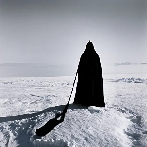 Image similar to a man wearing a long cloak and hood, in antarctica, film still, arriflex 3 5