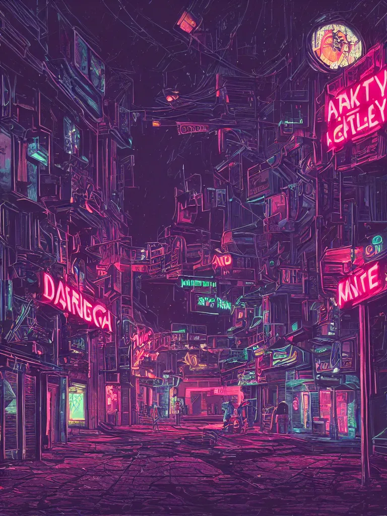 Prompt: a dark alley with a nightclub with neon signs in the style of simon stalenhag