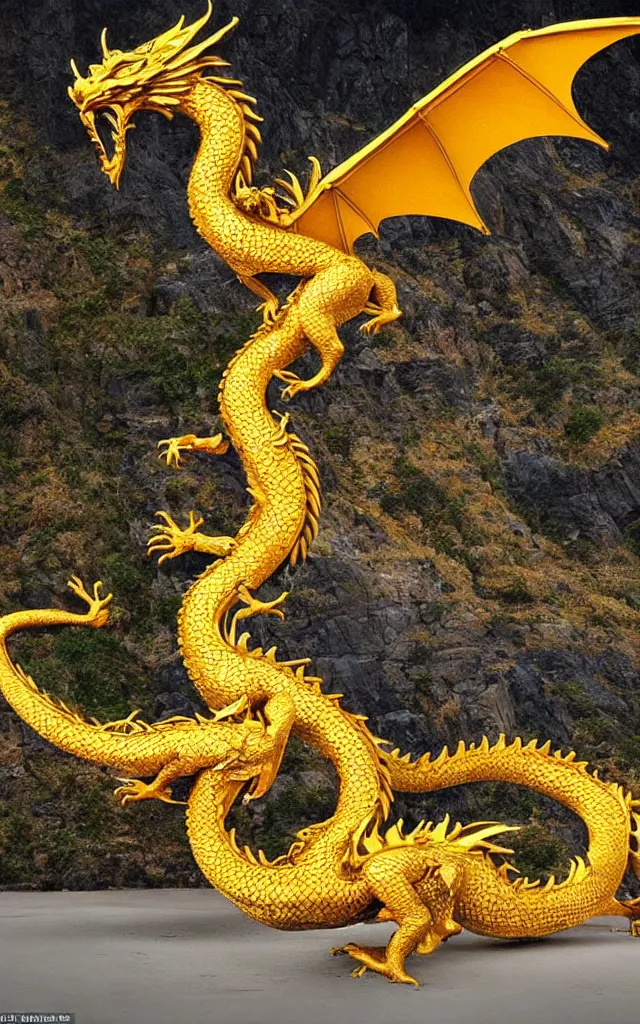 Prompt: a true photographic landscape and an unrivalled reality ， depicting a golden dragon