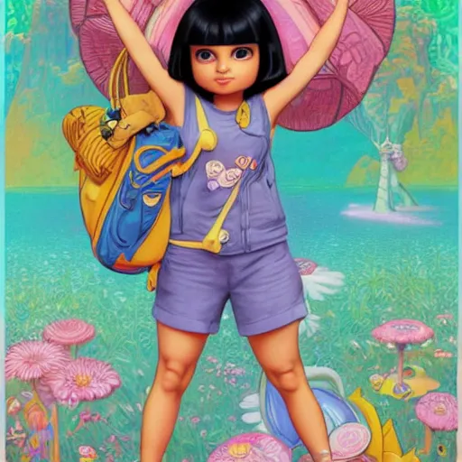 Prompt: dora the explorer as real girl in happy pose, detailed, intricate complex background, Pop Surrealism lowbrow art style, muted pastel colors, soft lighting, by Yosuke Ueno and Mucha,Contemporary Art Blog Magazine Alt Pop Surrealism Lowbrow Photography Sculpture Illustration Painting Surreal Fashion, artstation cgsociety