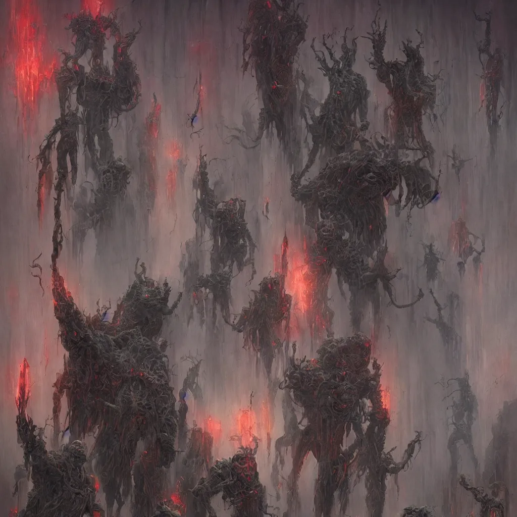 Image similar to sentient ghostbusters bizarre demi - gods expelling demons by greg rutkowski, zdzislaw beksinski,