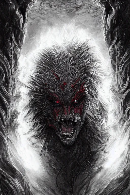Image similar to realistic portrait of beautifully crystalized and detailed portrait of a werewolf, matte painting of cinematic movie scene red dragon, horror, created by gustave dore and greg rutkowski, high detailed, smooth draw, synthwave neon retro, intricate, realistic proportions, dramatic lighting, trending on artstation.